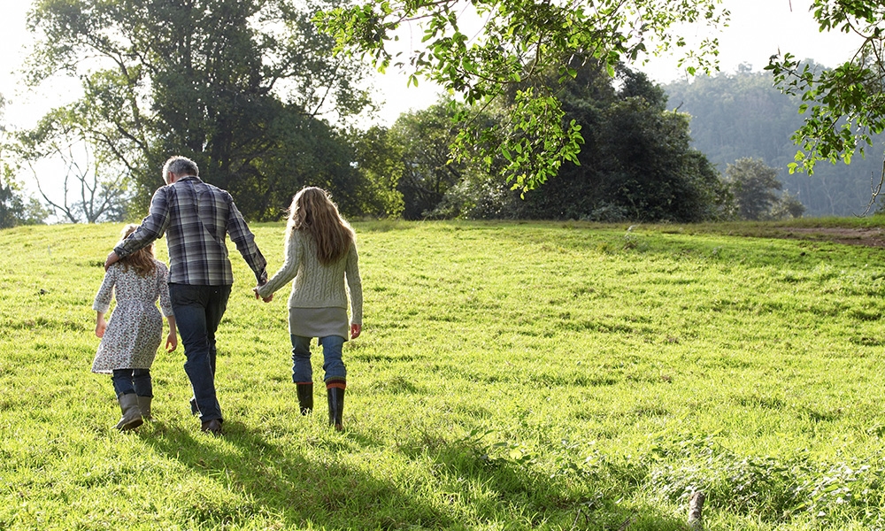 Family walking through a grassy area